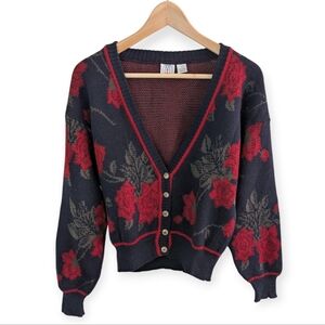 JG Hook Vintage Floral Wool Cardigan Navy Red Small